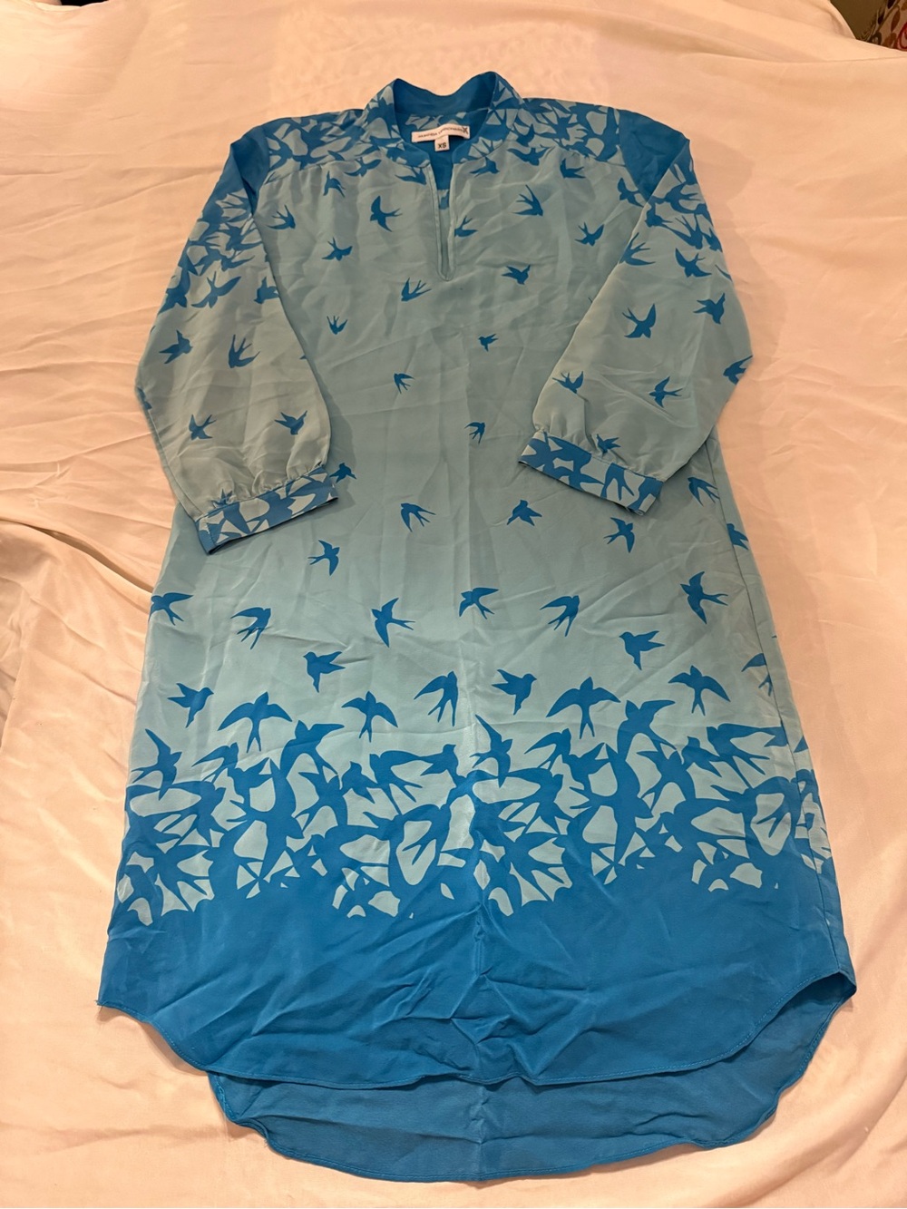 Amanda Uprichard Blue Ombre Bird-Print Button Down silk tunic dress.